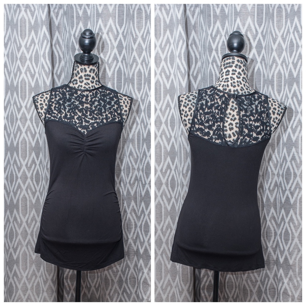 Arden B Top Sleeveless Black w/ Lace Illusion High Neck Keyhole & Button Size: S